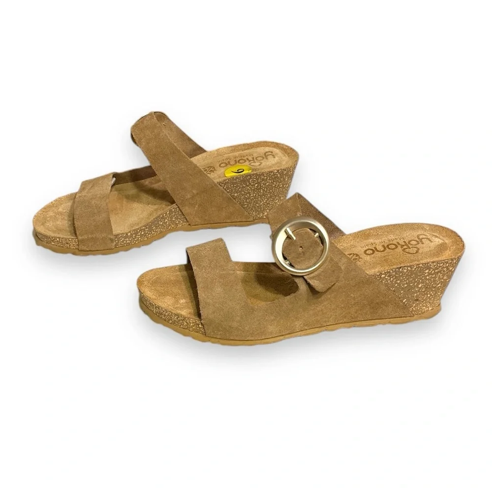 YOKONO Tan Suede Leather Two Strap Cork Wedge Sandals
